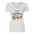 thumbnail image 1 of Inktastic Merry Christmas Cute Sloth with Santa Hat and Lights Women's V-Neck T-Shirt, 1 of 5
