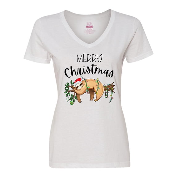 Inktastic Merry Christmas Cute Sloth with Santa Hat and Lights Women's V-Neck T-Shirt
