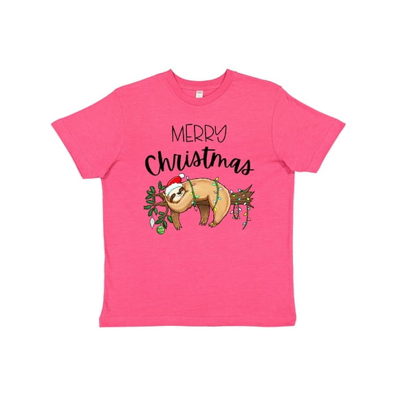 Inktastic Merry Christmas Cute Sloth with Santa Hat and Lights Youth T-Shirt