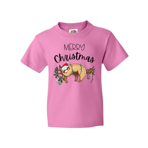 Inktastic Merry Christmas Cute Sloth with Santa Hat and Lights Youth T-Shirt