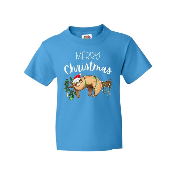 Inktastic Merry Christmas Cute Sloth with Santa Hat and Lights Youth T-Shirt
