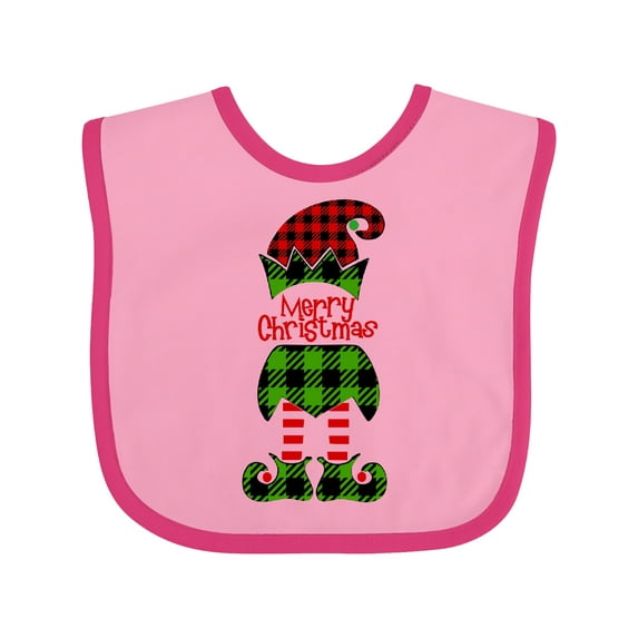 Inktastic Merry Christmas Elf in Red and Green Plaid Boys or Girls Baby Bib