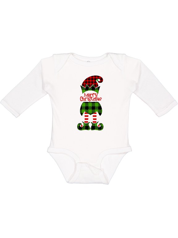 Merry Christmas Elf in Red and Green Plaid Boys or Girls Long Sleeve Baby Bodysuit