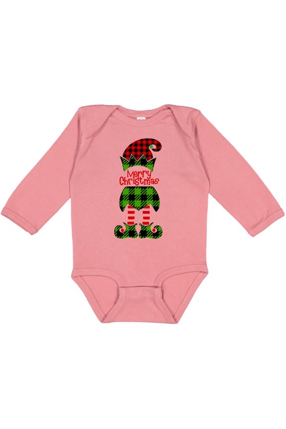 Merry Christmas Elf in Red and Green Plaid Boys or Girls Long Sleeve Baby Bodysuit