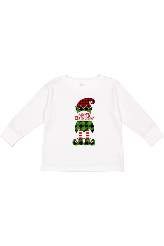 Merry Christmas Elf in Red and Green Plaid Boys or Girls Long Sleeve Toddler T-Shirt
