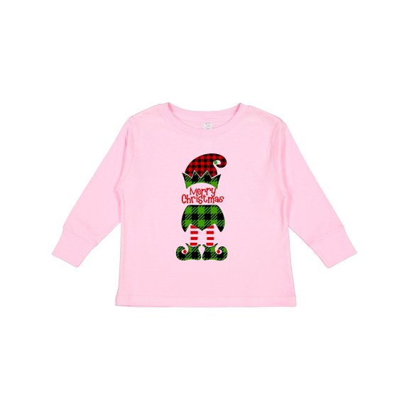 Inktastic Merry Christmas Elf in Red and Green Plaid Boys or Girls Long Sleeve Toddler T-Shirt