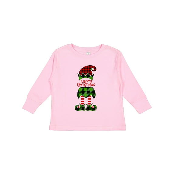 Inktastic Merry Christmas Elf in Red and Green Plaid Boys or Girls Long Sleeve Toddler T-Shirt
