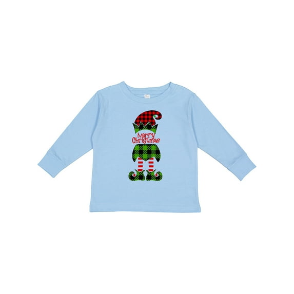 Inktastic Merry Christmas Elf in Red and Green Plaid Boys or Girls Long Sleeve Toddler T-Shirt