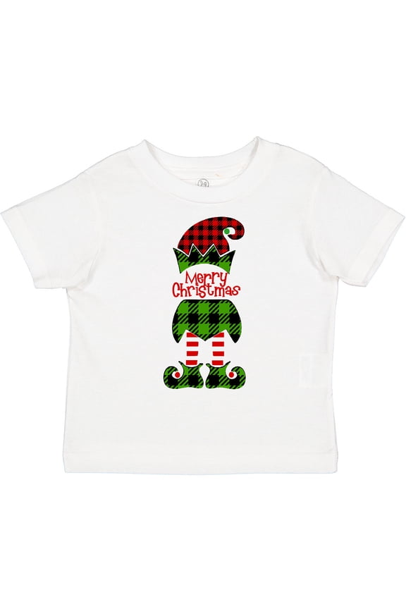 Merry Christmas Elf in Red and Green Plaid Boys or Girls Toddler T-Shirt