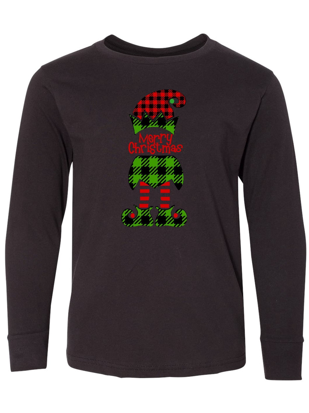Inktastic Merry Christmas Elf in Red and Green Plaid Long Sleeve Youth T-Shirt