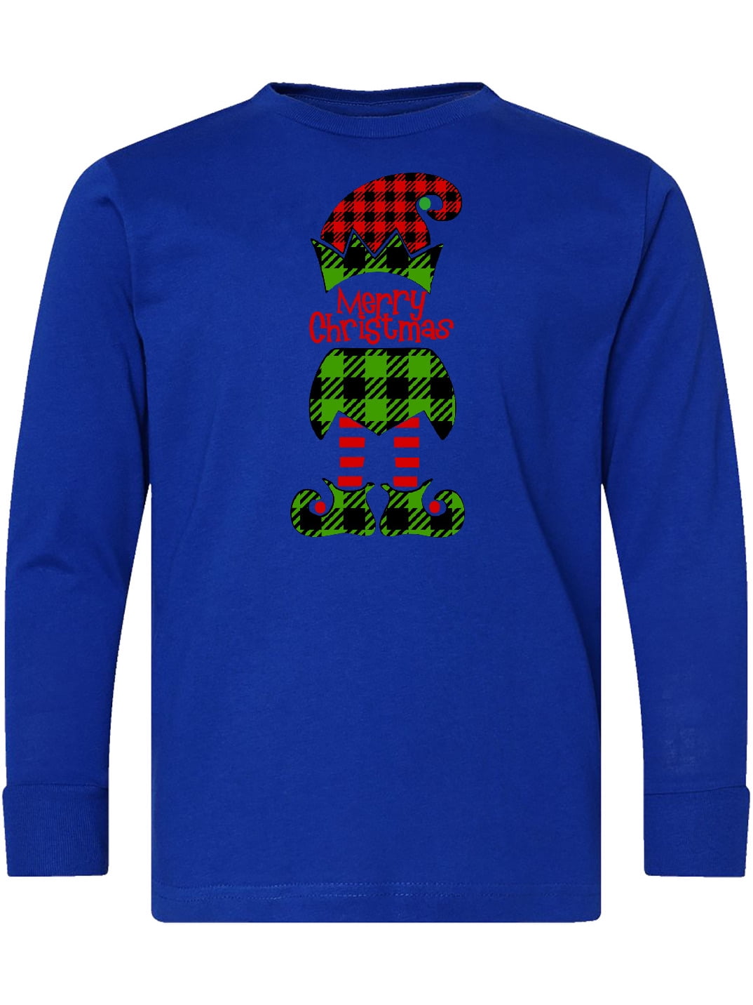 Inktastic Merry Christmas Elf in Red and Green Plaid Long Sleeve Youth T-Shirt