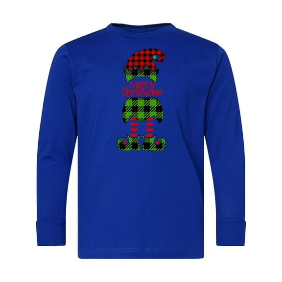 Inktastic Merry Christmas Elf in Red and Green Plaid Long Sleeve Youth T-Shirt