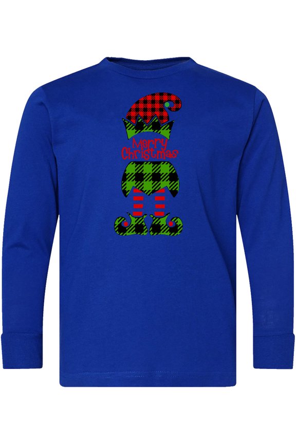 Merry Christmas Elf in Red and Green Plaid Long Sleeve Youth T-Shirt