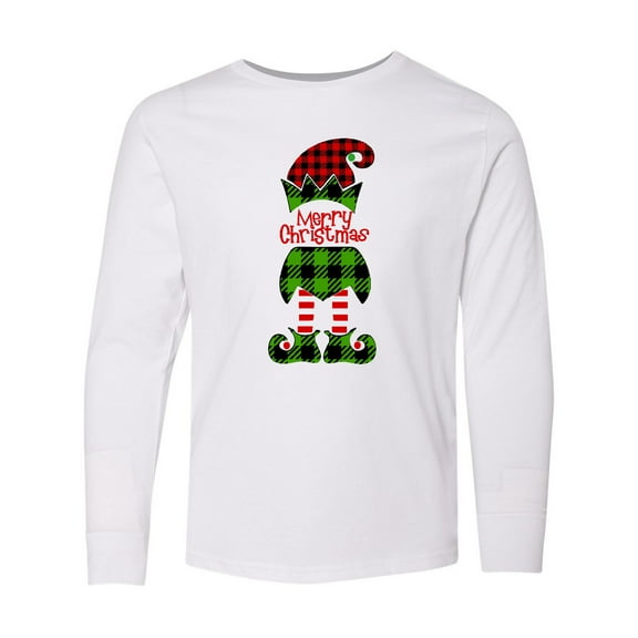 Inktastic Merry Christmas Elf in Red and Green Plaid Long Sleeve Youth T-Shirt