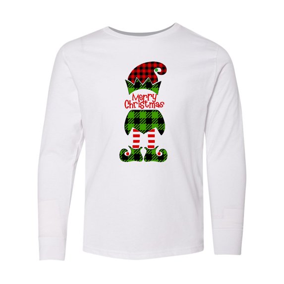 Inktastic Merry Christmas Elf in Red and Green Plaid Long Sleeve Youth T-Shirt