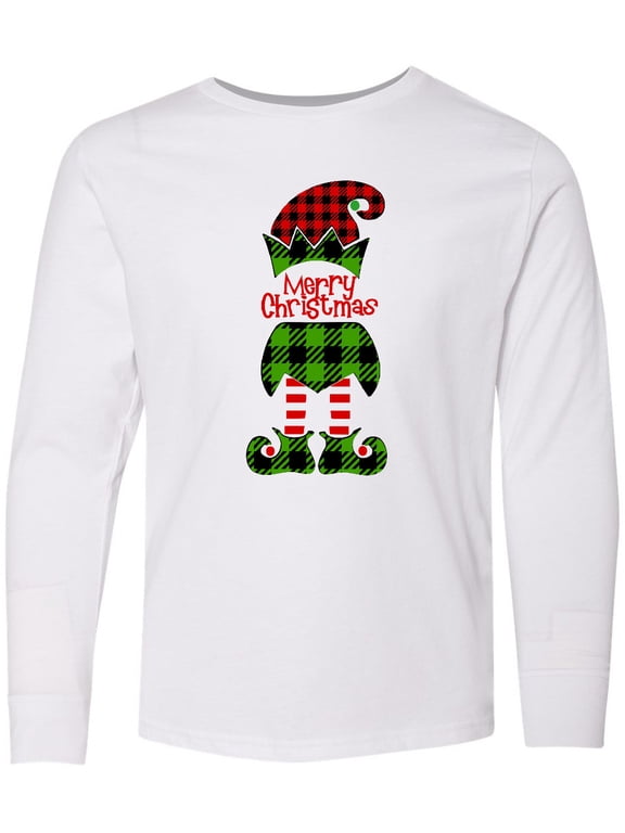 Merry Christmas Elf in Red and Green Plaid Long Sleeve Youth T-Shirt