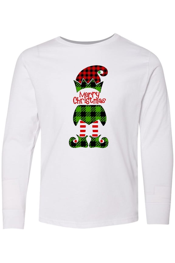 Merry Christmas Elf in Red and Green Plaid Long Sleeve Youth T-Shirt