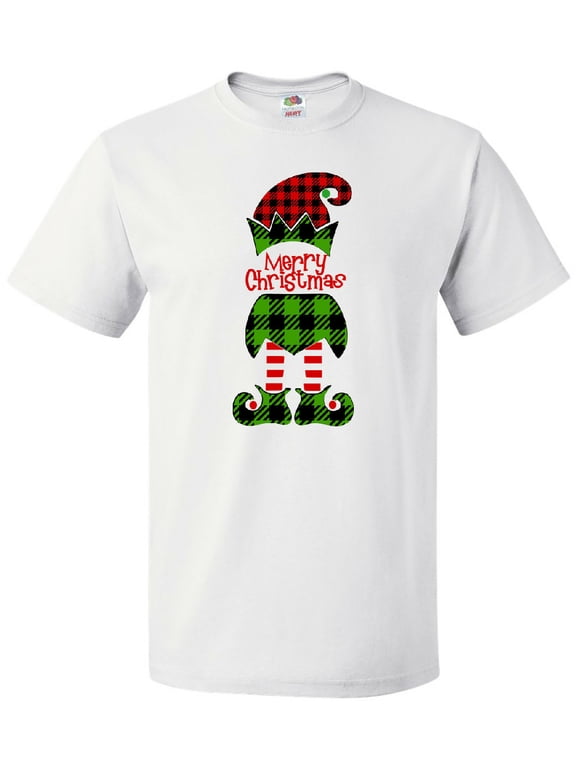 Merry Christmas Elf in Red and Green Plaid T-Shirt