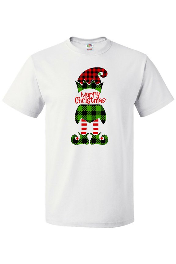 Merry Christmas Elf in Red and Green Plaid T-Shirt