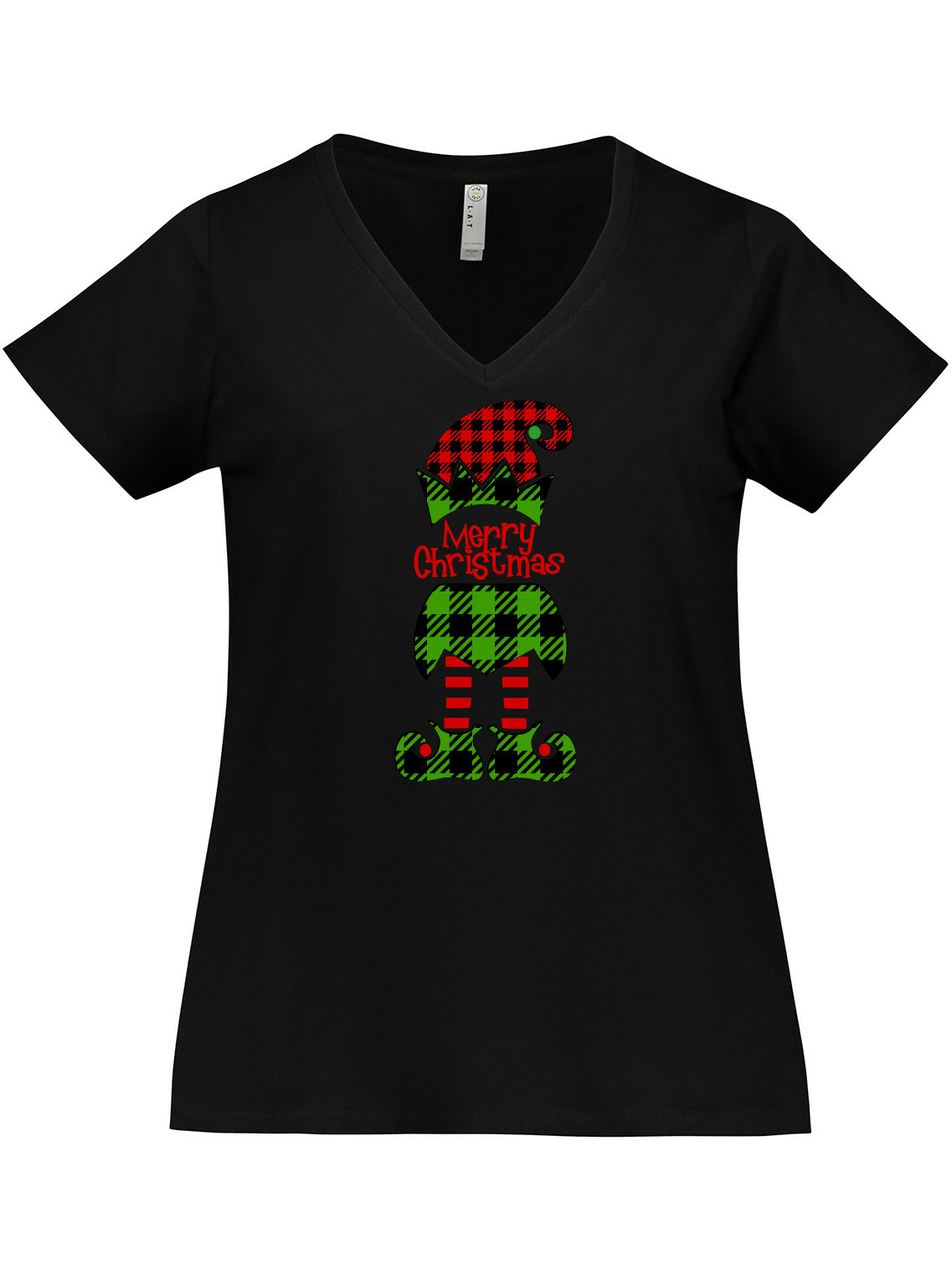 Inktastic Merry Christmas Elf in Red and Green Plaid Women's Plus Size V-Neck T-Shirt