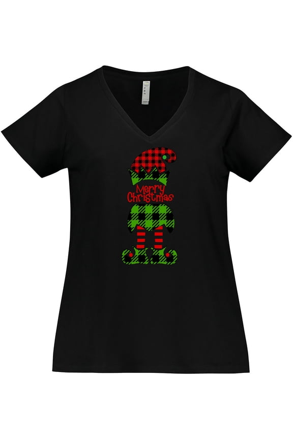 Merry Christmas Elf in Red and Green Plaid Women's Plus Size V-Neck T-Shirt