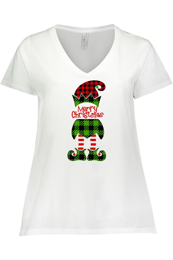 Merry Christmas Elf in Red and Green Plaid Women's Plus Size V-Neck T-Shirt