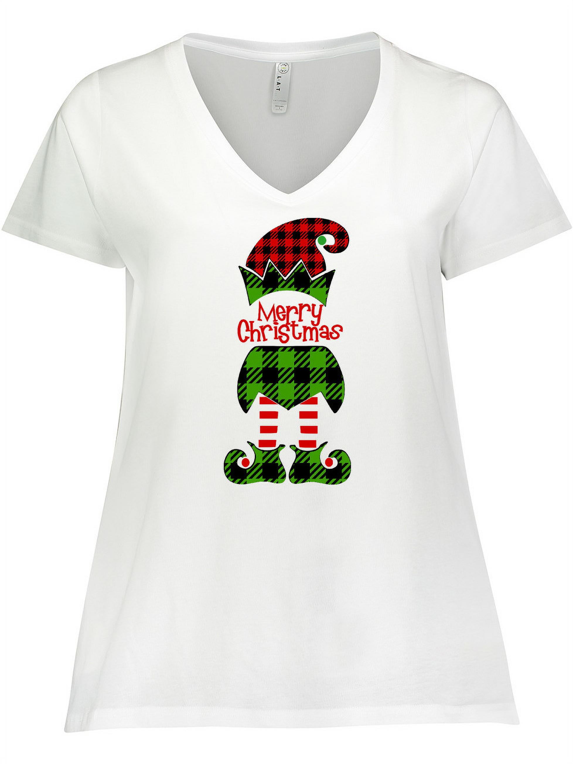 Inktastic Merry Christmas Elf in Red and Green Plaid Women's Plus Size V-Neck T-Shirt