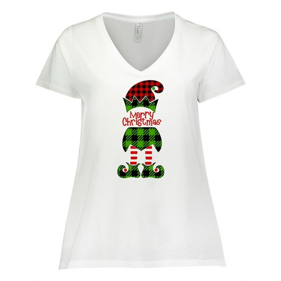 Inktastic Merry Christmas Elf in Red and Green Plaid Women's Plus Size V-Neck T-Shirt