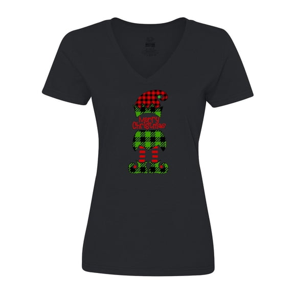 Inktastic Merry Christmas Elf in Red and Green Plaid Women's V-Neck T-Shirt