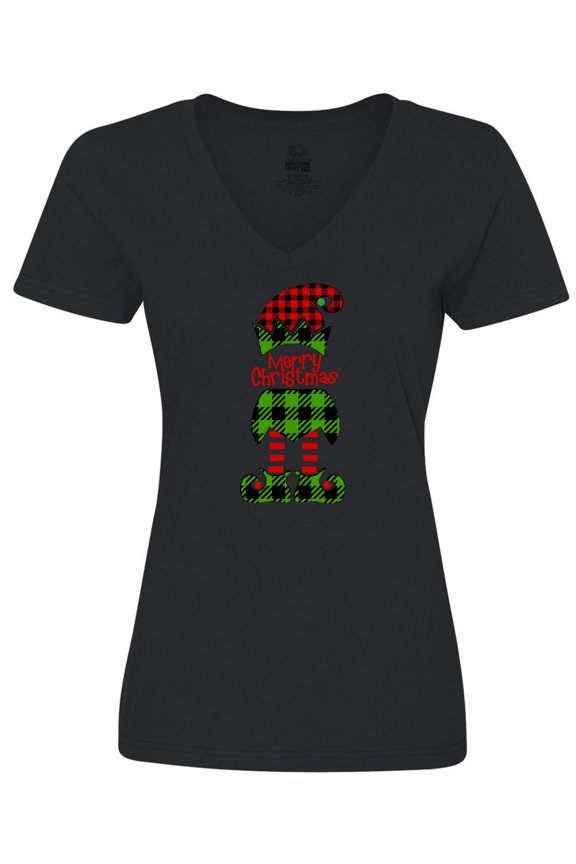 Merry Christmas Elf in Red and Green Plaid Women's V-Neck T-Shirt