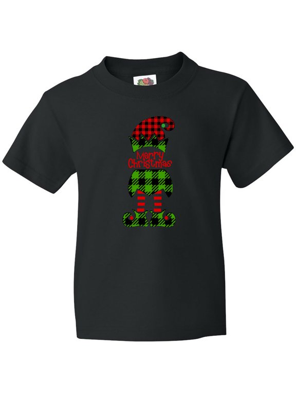 Merry Christmas Elf in Red and Green Plaid Youth T-Shirt