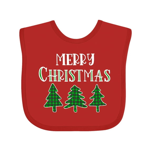 Inktastic Merry Christmas Green Plaid Christmas Trees Boys or Girls Baby Bib