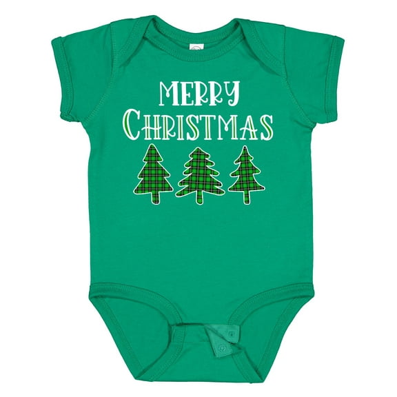 Inktastic Merry Christmas Green Plaid Christmas Trees Boys or Girls Baby Bodysuit