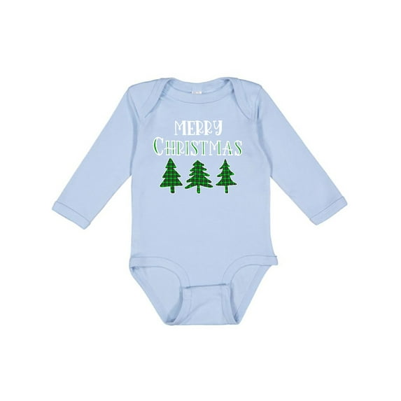 Inktastic Merry Christmas Green Plaid Christmas Trees Boys or Girls Long Sleeve Baby Bodysuit