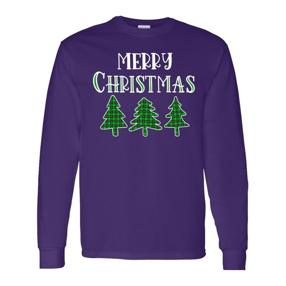 Inktastic Merry Christmas Green Plaid Christmas Trees Long Sleeve T-Shirt