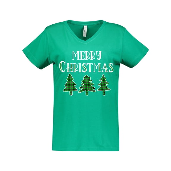Inktastic Merry Christmas Green Plaid Christmas Trees Women's V-Neck T-Shirt