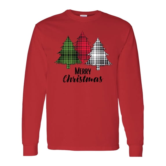 Inktastic Merry Christmas Plaid Trees Long Sleeve T-Shirt
