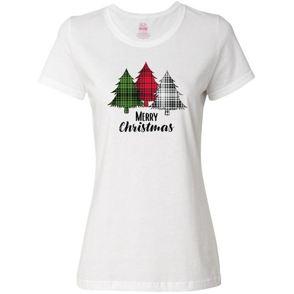 Inktastic Merry Christmas Plaid Trees Women's T-Shirt