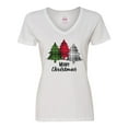 thumbnail image 1 of Inktastic Merry Christmas Plaid Trees Women's V-Neck T-Shirt, 1 of 5