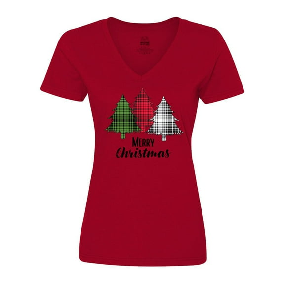Inktastic Merry Christmas Plaid Trees Women's V-Neck T-Shirt