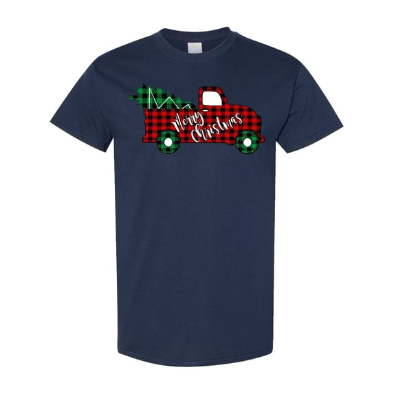 Inktastic Merry Christmas Red Buffalo Plaid Truck with Tree T-Shirt