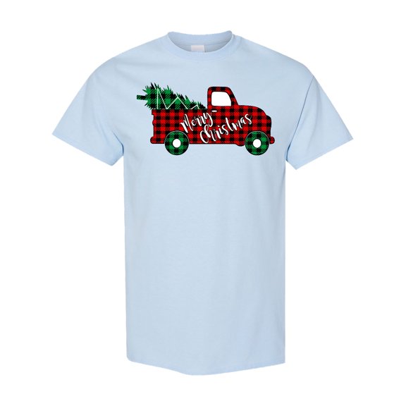 Inktastic Merry Christmas Red Buffalo Plaid Truck with Tree T-Shirt