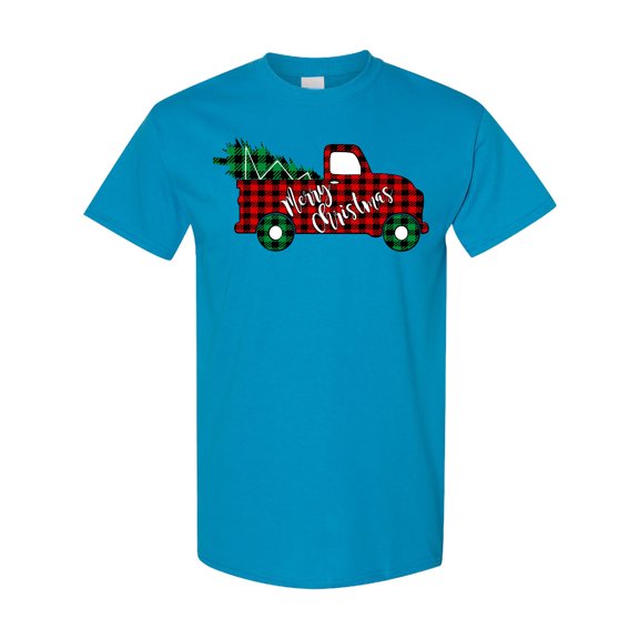 Inktastic Merry Christmas Red Buffalo Plaid Truck with Tree T-Shirt