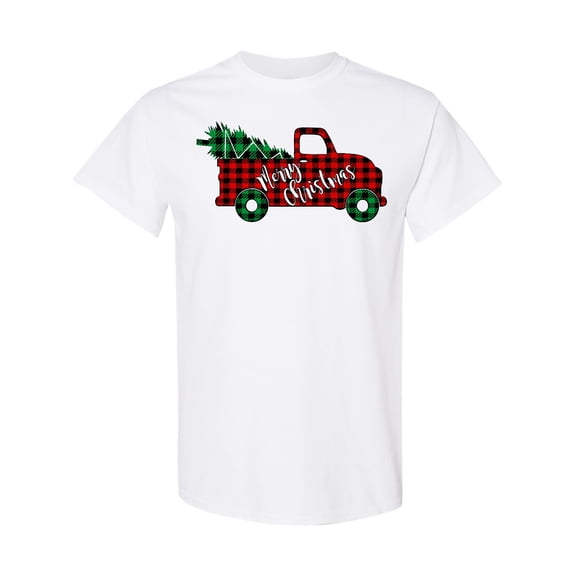 Inktastic Merry Christmas Red Buffalo Plaid Truck with Tree T-Shirt