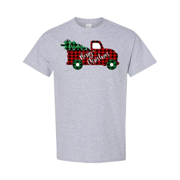 Inktastic Merry Christmas Red Buffalo Plaid Truck with Tree T-Shirt
