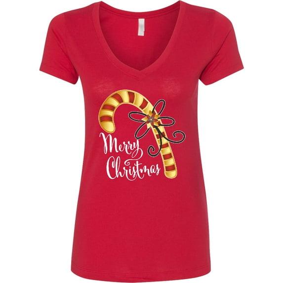 Inktastic Merry Christmas Red and Gold Candy Cane Women's V-Neck T-Shirt