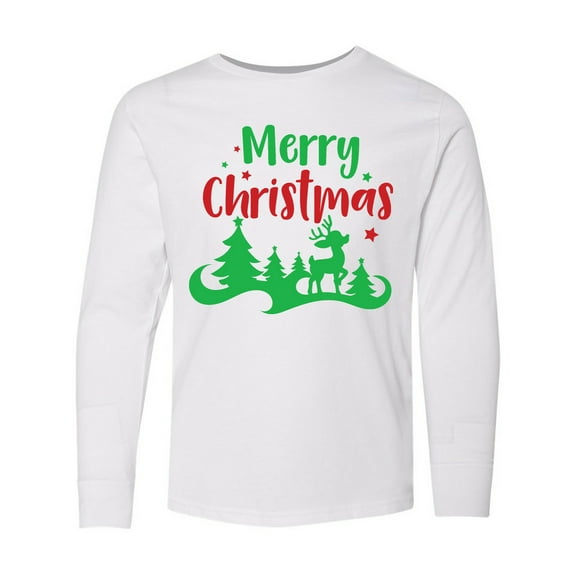 Inktastic Merry Christmas, Reindeer, Christmas Tree, Stars Long Sleeve Youth T-Shirt