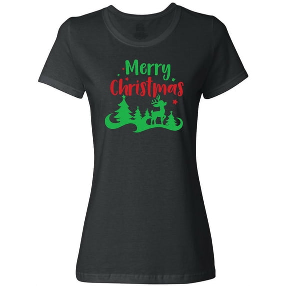 Inktastic Merry Christmas, Reindeer, Christmas Tree, Stars Women's T-Shirt
