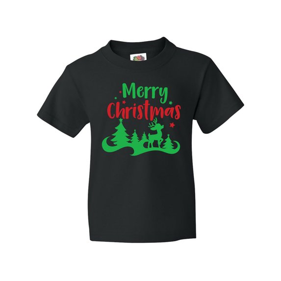 Inktastic Merry Christmas, Reindeer, Christmas Tree, Stars Youth T-Shirt