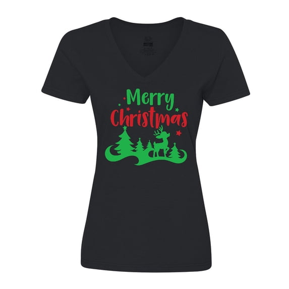 Inktastic Merry Christmas, Rudolph, Stars - Red Green Women's V-Neck T-Shirt